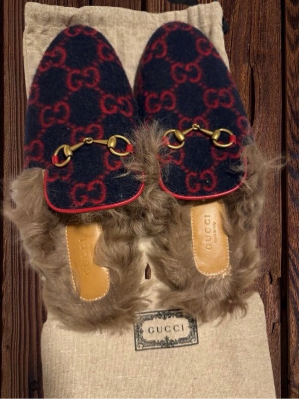 Gucci Navy & Red GG Fur-Lined Horsebit Slippers